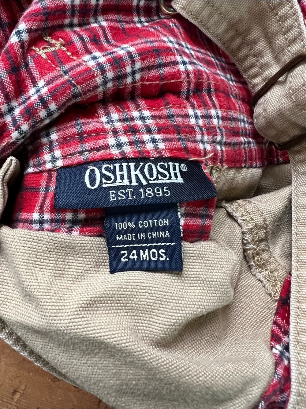 OshKosh B’Gosh Canvas Overalls 24 Months Tan 100% Cotton Plaid Trim